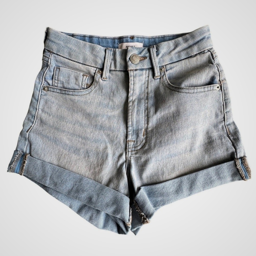 Forever 21 Curved High Rise Light Wash Denim Cuffed Jean Shorts Size 24